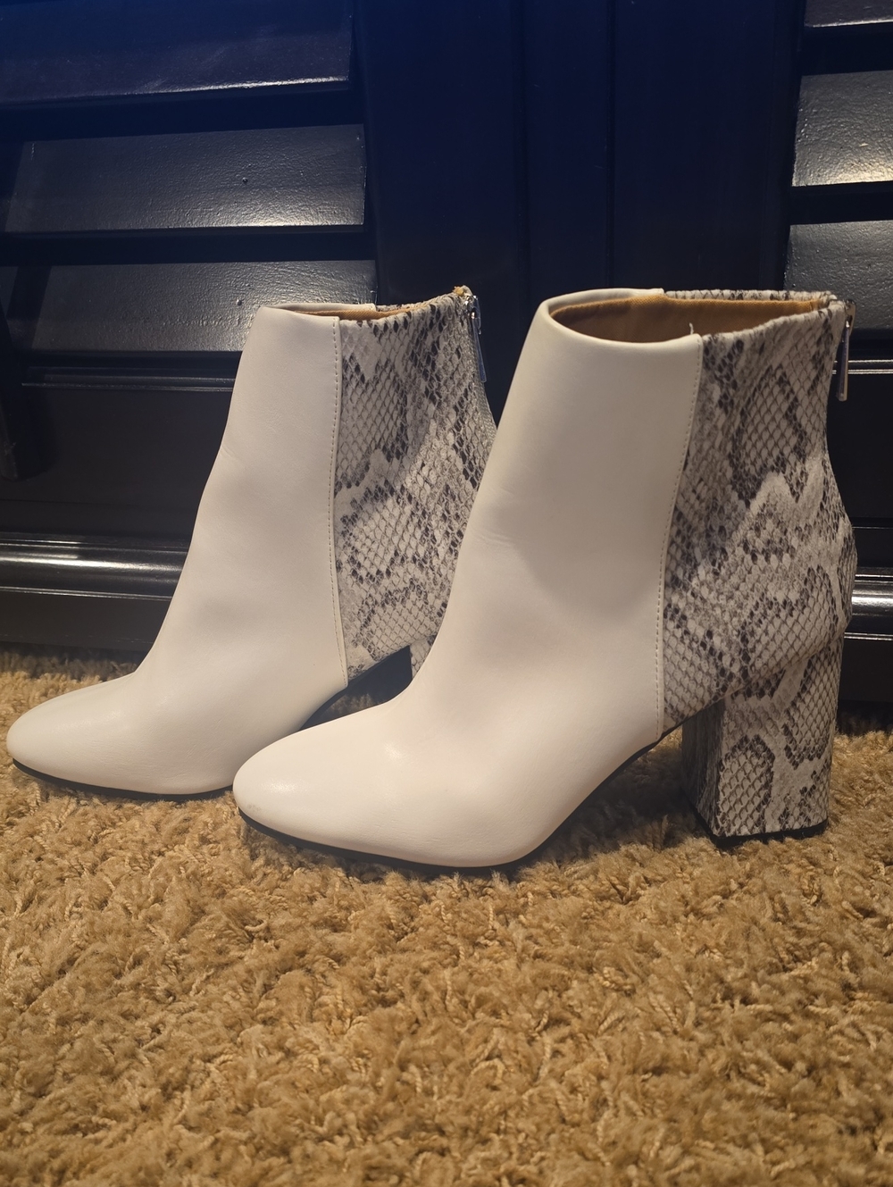 White Ankle Boots with Snake-Print Block Heel